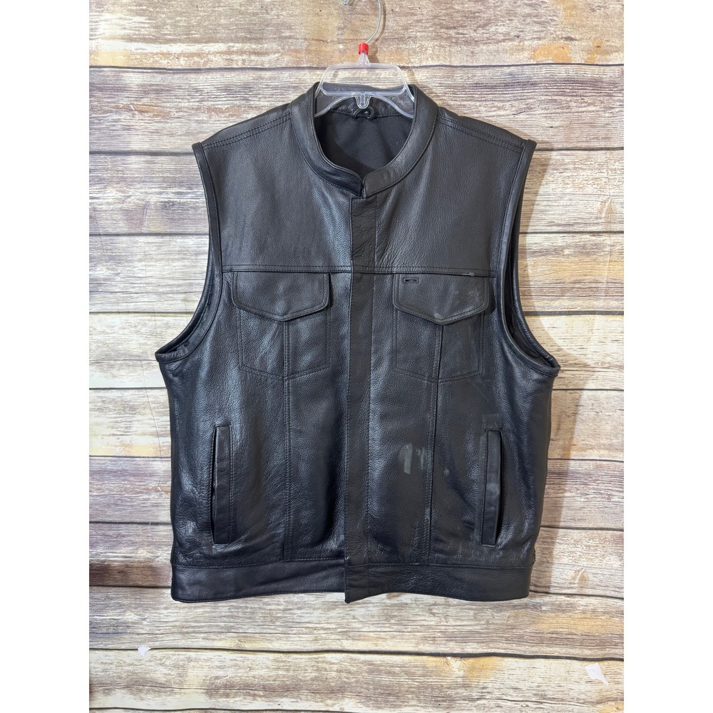 Street & Steel Mens Black Leather Motorcycle Riding Vest Size XL Zip Snap Front